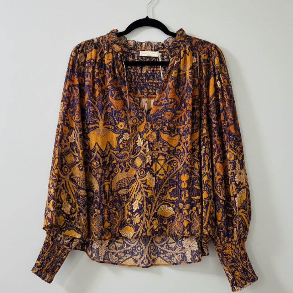 Ulla Johnson Printed Metallic Blouse Size L (12) | NWT Designer Statement Top