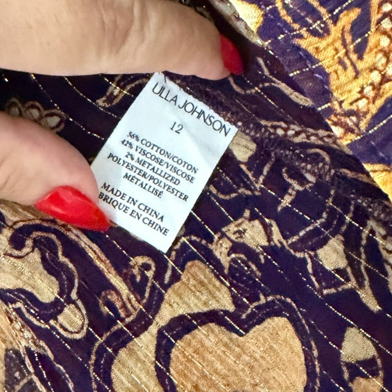 Ulla Johnson Printed Metallic Blouse Size L (12) | NWT Designer Statement Top