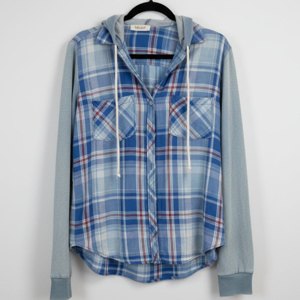 Bella Dahl Plaid Hoodie Button-Down Shirt Size L | Casual Layering Top