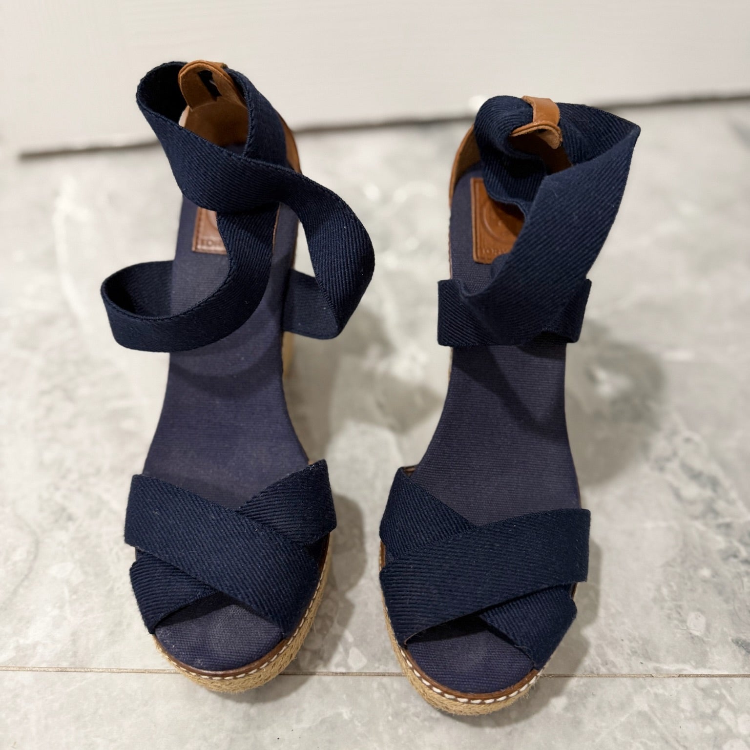 Tory Burch Navy Elastic Espadrille Wedge Size 9.5