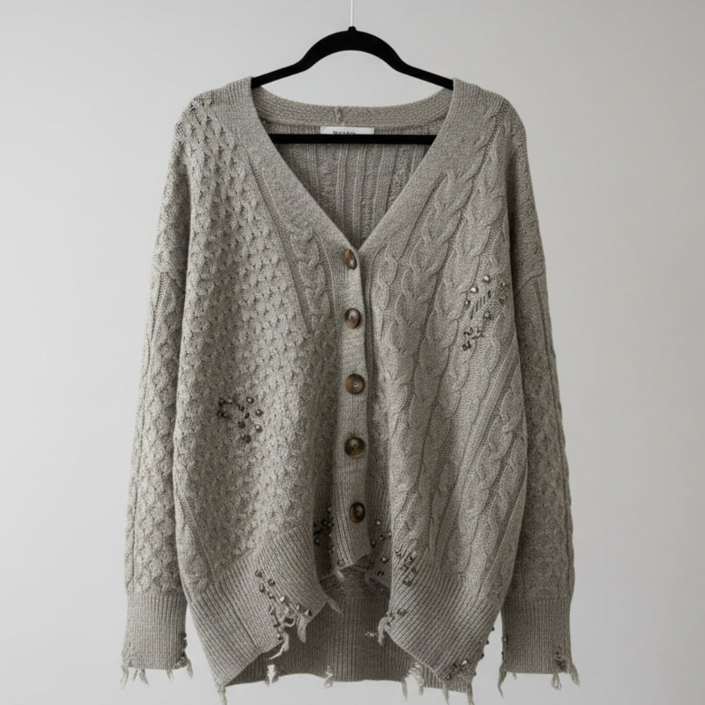 Zara Studded Distressed Cable Knit Cardigan Size S