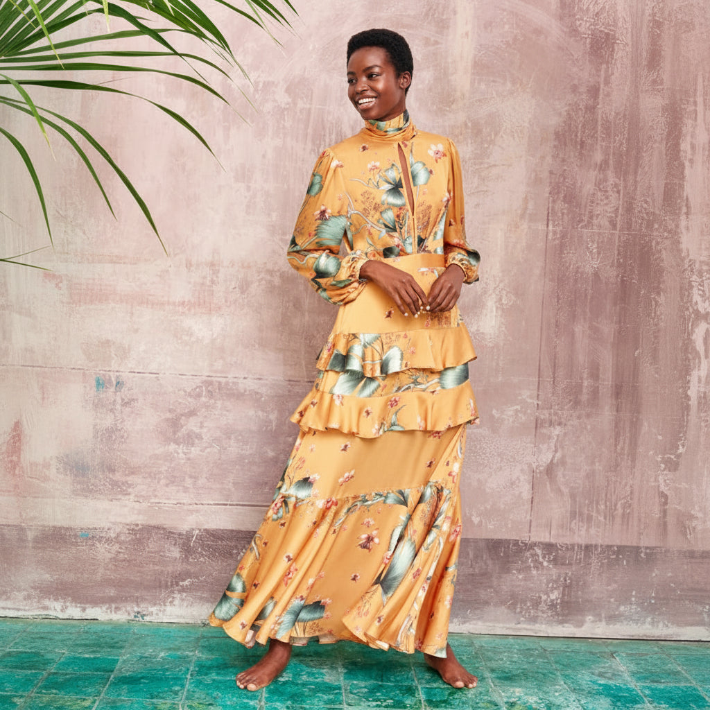 H&M Yellow Floral Long Sleeve Maxi Dress Size 4 NWT | Women's Floral Maxi Dress