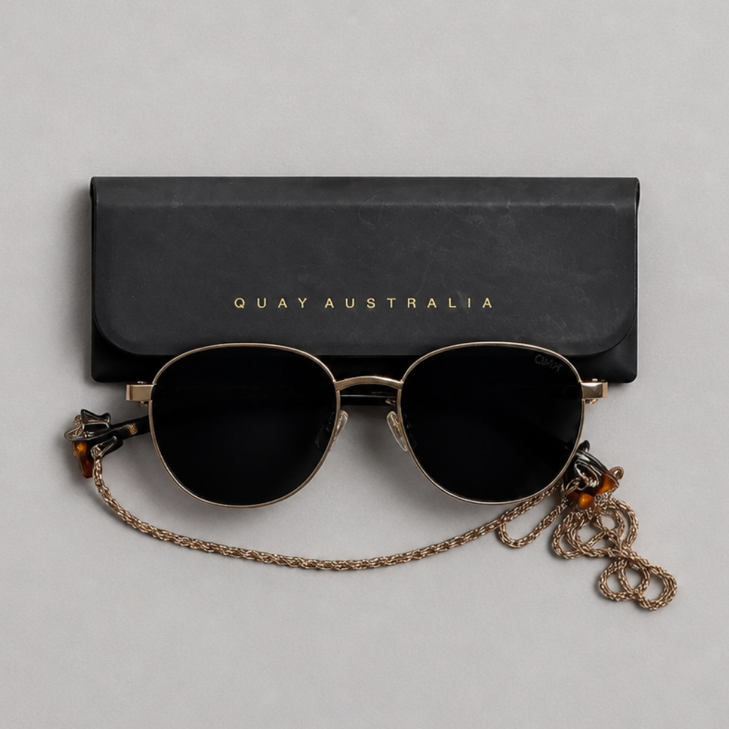 Quay Australia Gold Round Sunglasses with Chain Black Lenses