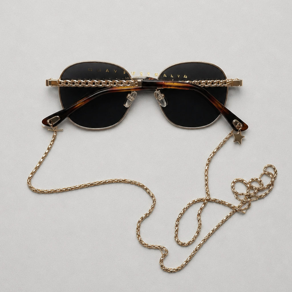 Quay Australia Gold Round Sunglasses with Chain Black Lenses