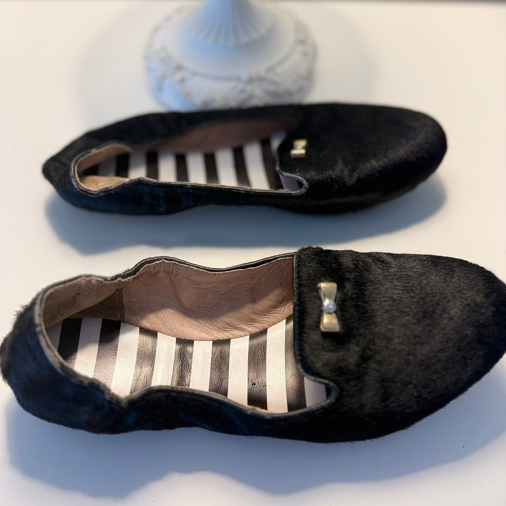 Henri Bendel Black Calf Hair Bow Flats Size 7 | Designer Ballet Flats