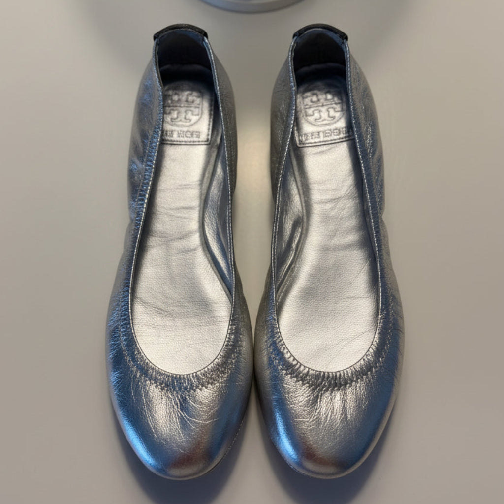 Tory Burch Metallic Silver Leather Ballet Flats Size 7 | Designer Slip-On Shoes