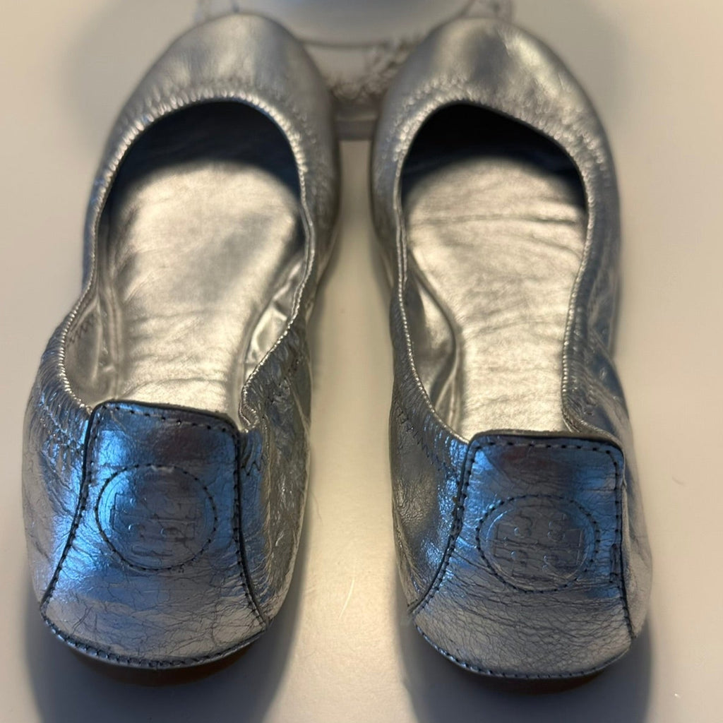 Tory Burch Metallic Silver Leather Ballet Flats Size 7 | Designer Slip-On Shoes