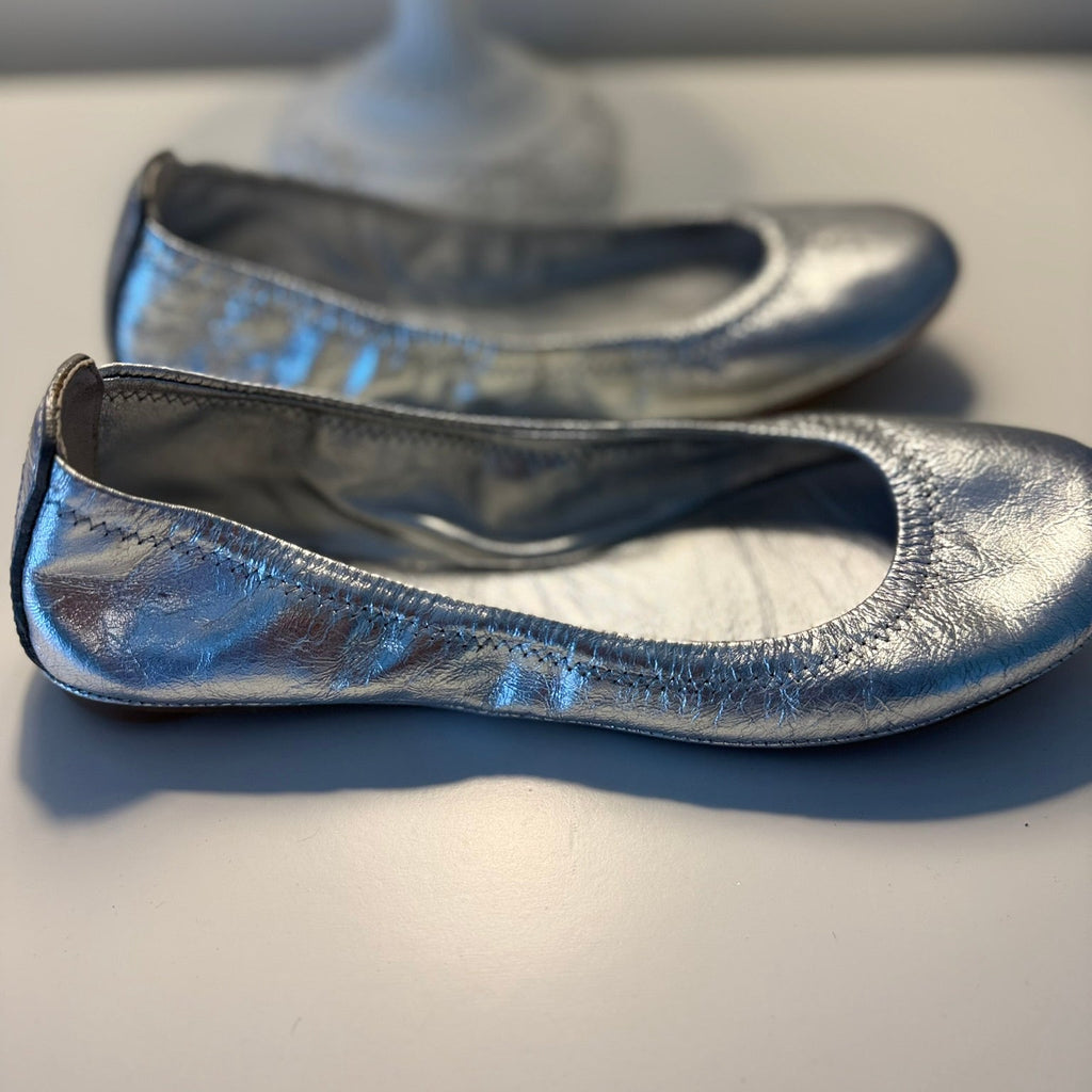 Tory Burch Metallic Silver Leather Ballet Flats Size 7 | Designer Slip-On Shoes