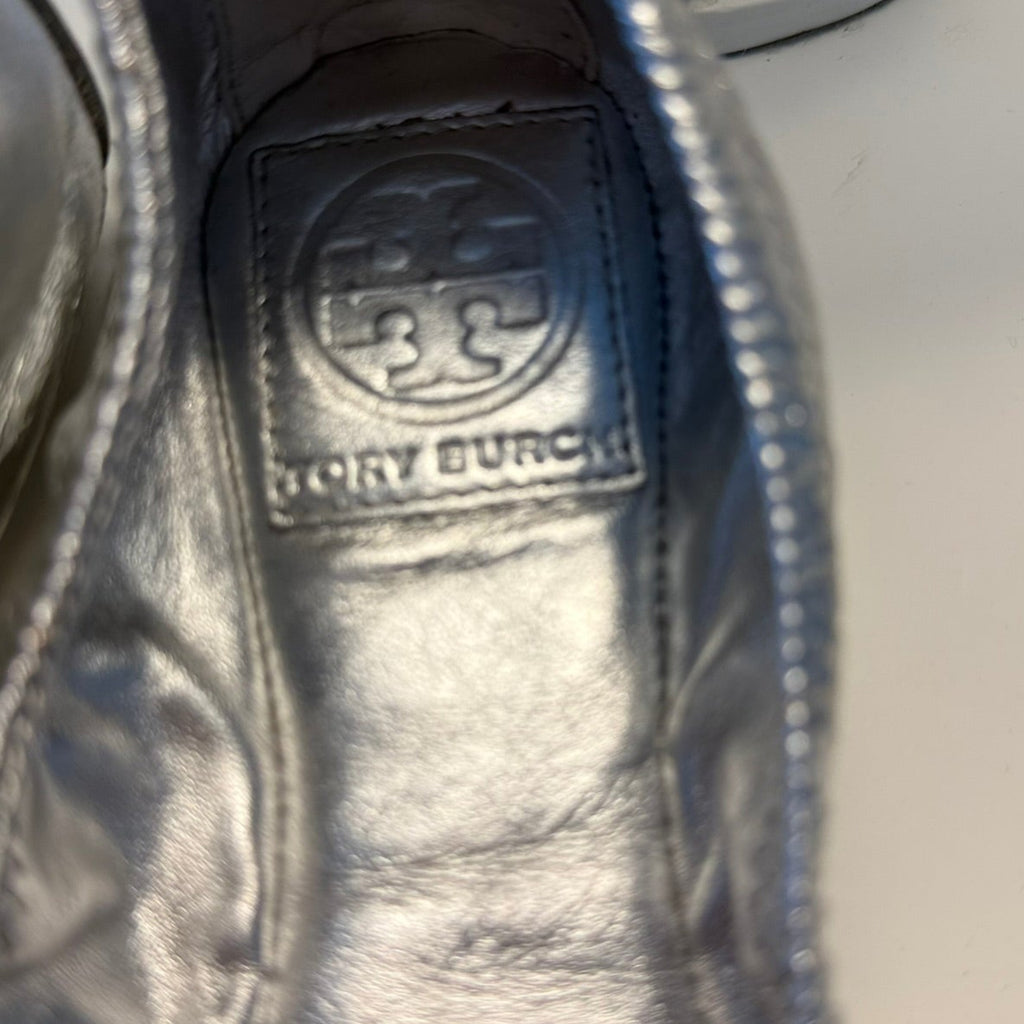 Tory Burch Metallic Silver Leather Ballet Flats Size 7 | Designer Slip-On Shoes