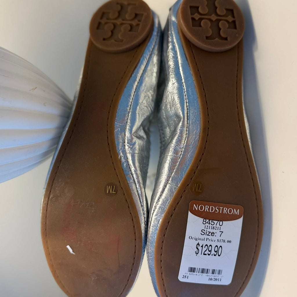 Tory Burch Metallic Silver Leather Ballet Flats Size 7 | Designer Slip-On Shoes
