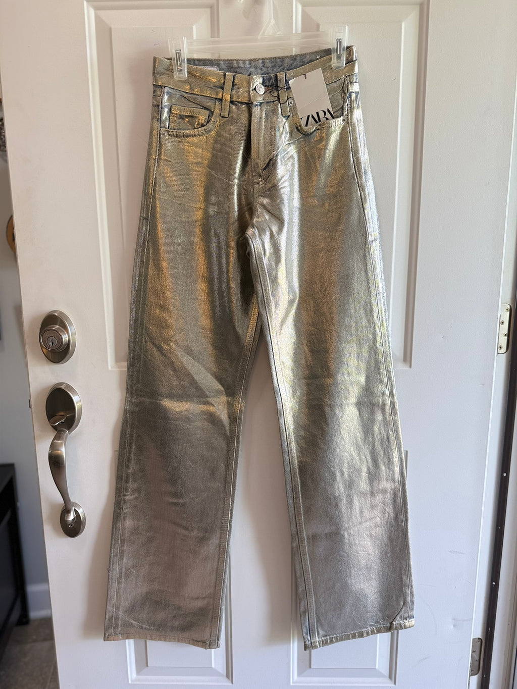 Zara Metallic Silver Straight-Leg Jeans Size 0 NWT | Statement Denim