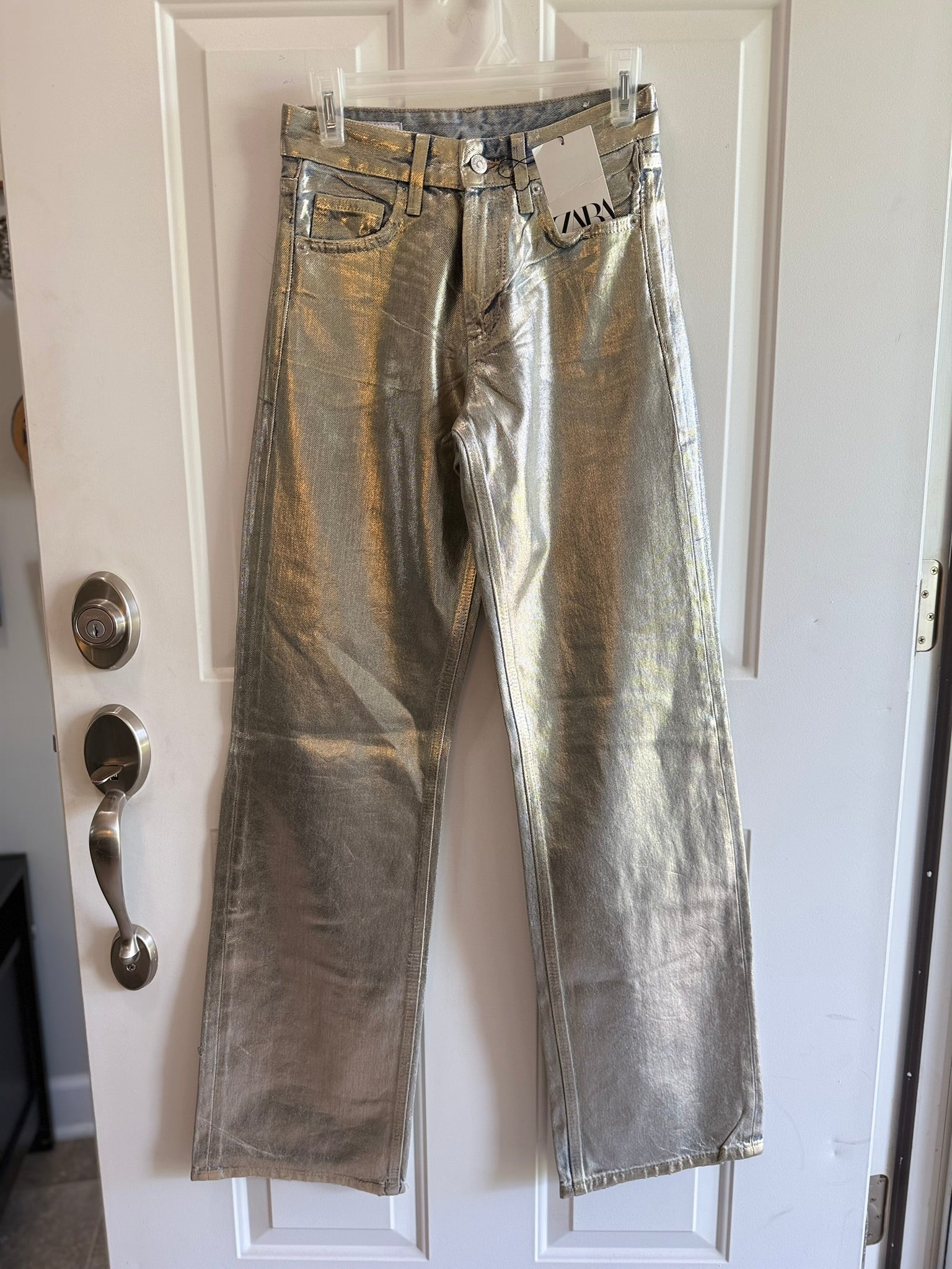 Zara Metallic Silver Straight-Leg Jeans Size 0 NWT | Statement Denim