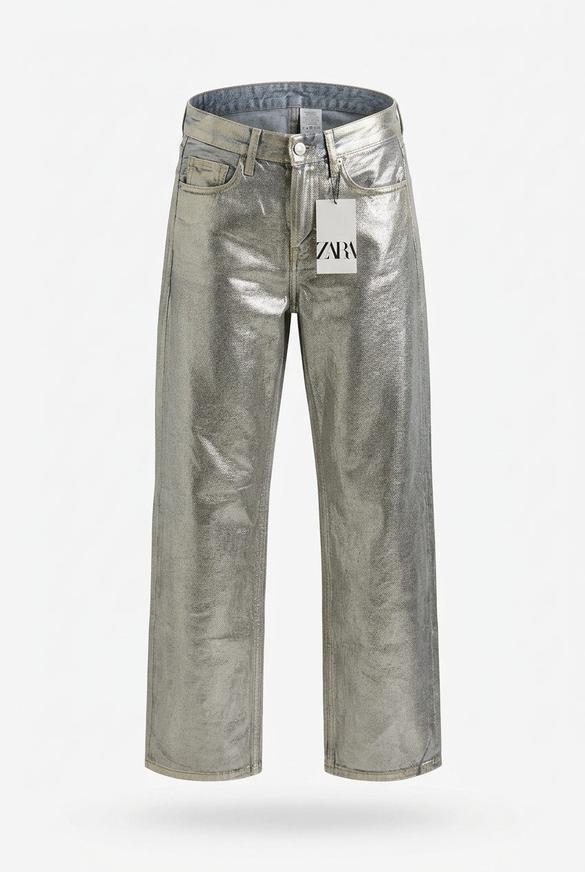Zara Metallic Silver Straight-Leg Jeans Size 0 NWT | Statement Denim
