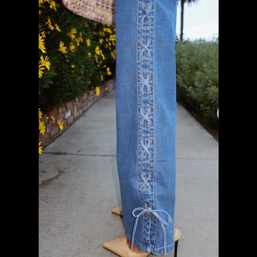 Miou Muse Dana Lace Up Denim Size Small