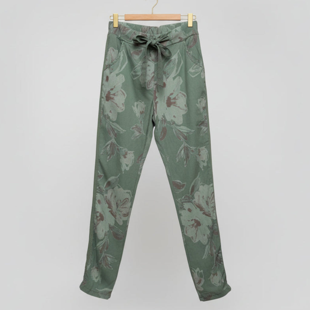 Gigi Moda Floral Green Drawstring Pants- One Size