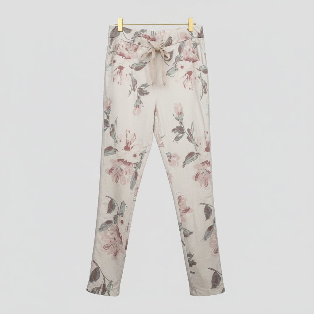 Gigi Moda Cream Floral Print Tie Waist Pants- One Size