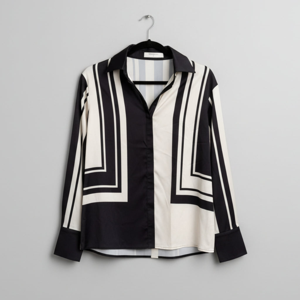 Commense Contrast Striped Lapel Collar Shirt Size S