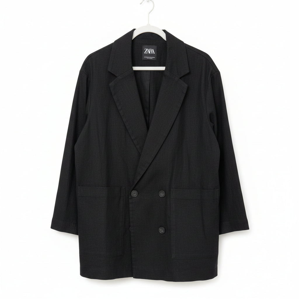 Zara Black Linen Blend Double Breasted Blazer Size S-M