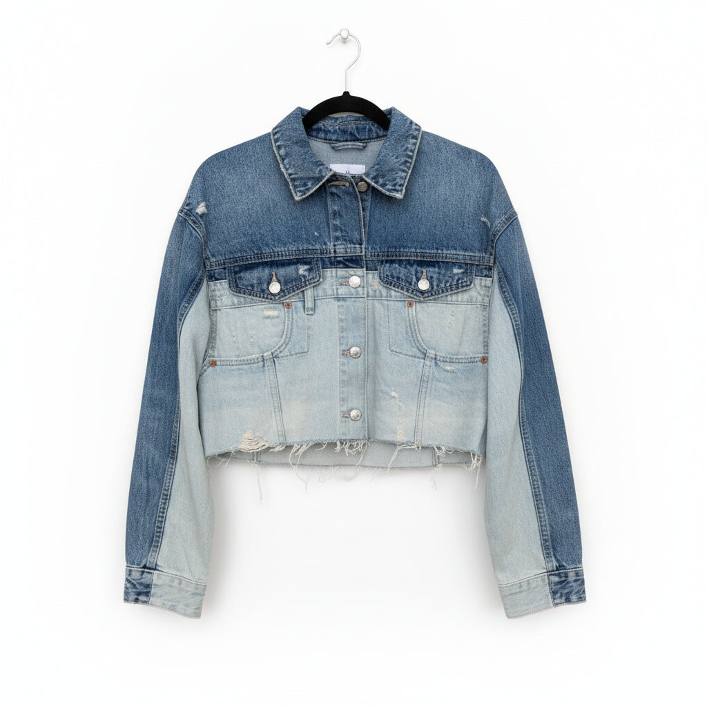Zara Two-Tone Cropped Distressed Denim Jacket Size XS