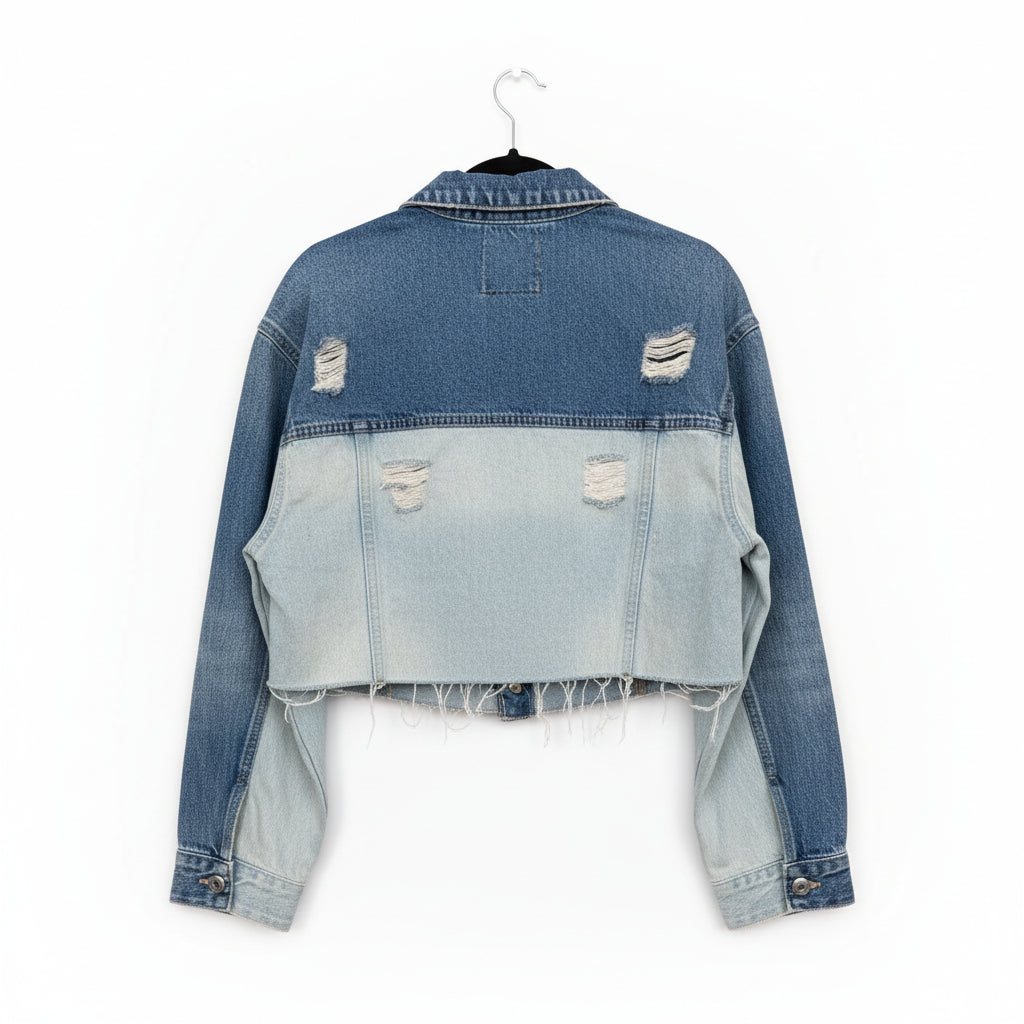 Zara Two-Tone Cropped Distressed Denim Jacket Size XS