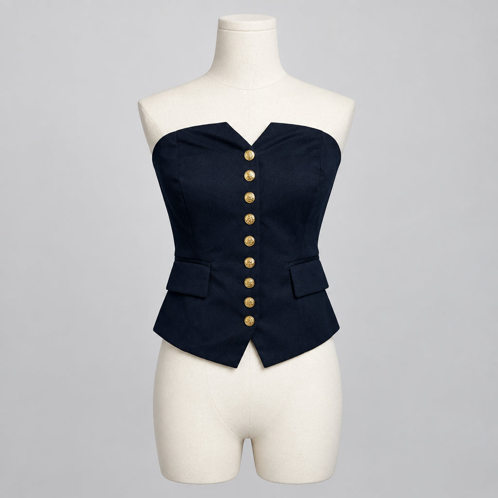 FORE Navy Blue Strapless Gold Button Corset Top Size S