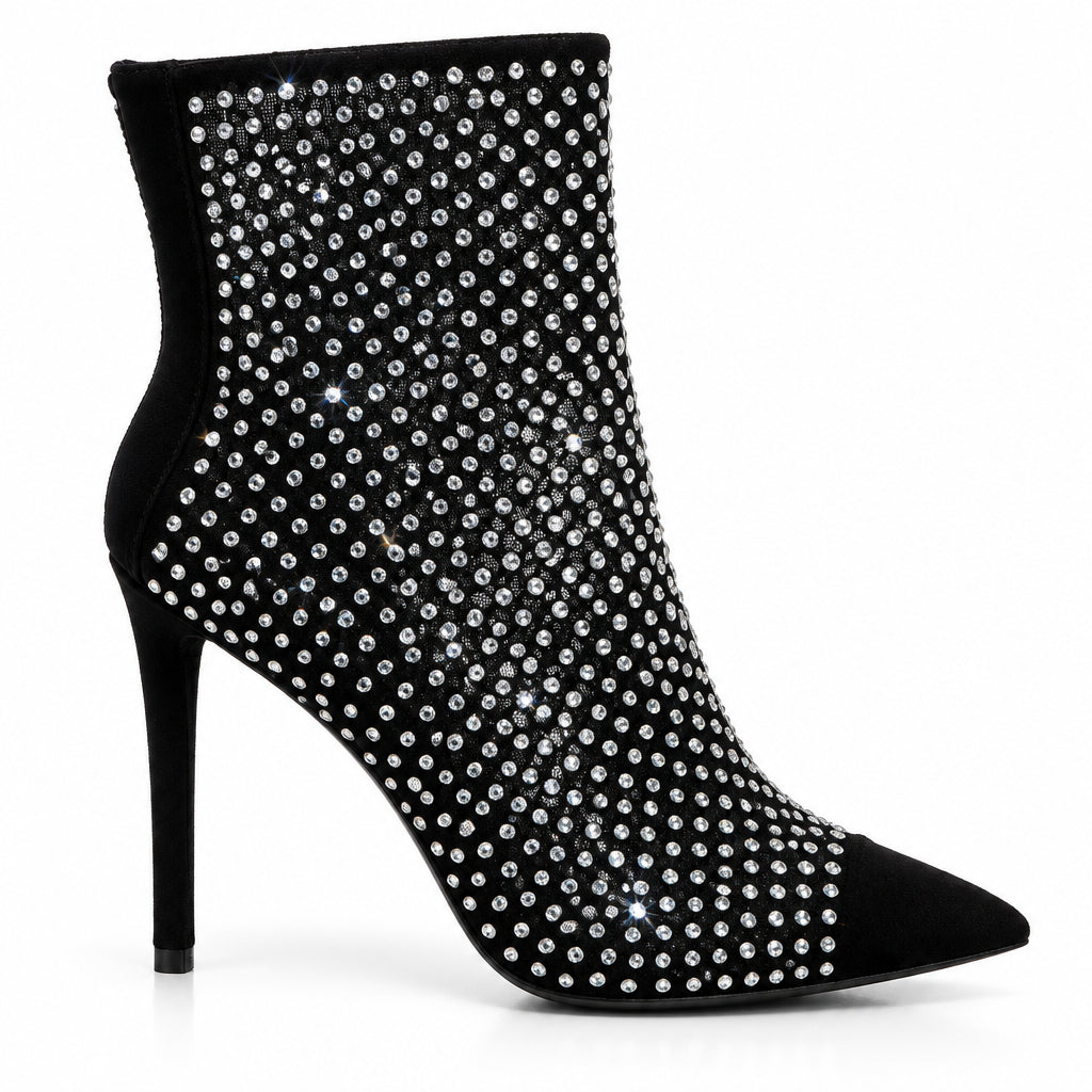 Aqua Black Rhinestone Mesh Heeled Booties Size 7.5