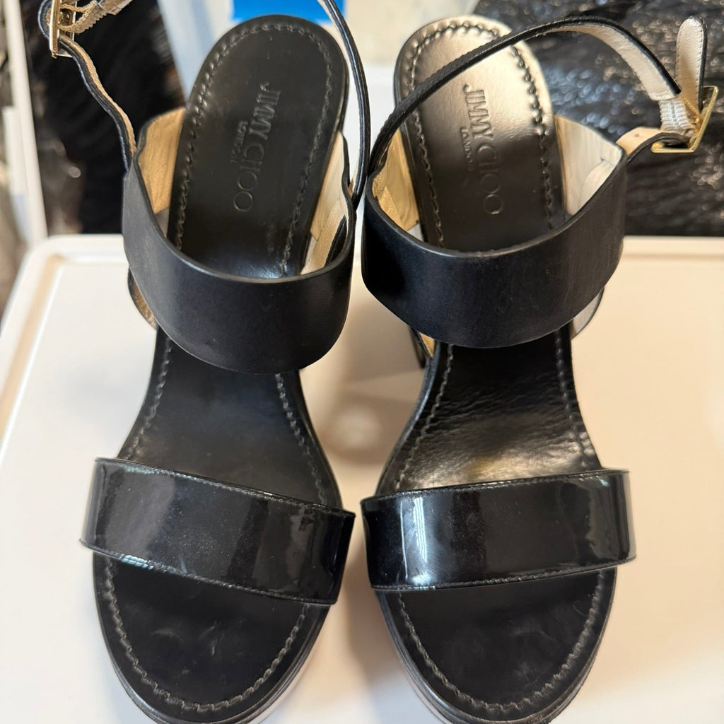 Jimmy Choo Patent Wood Wedge Sandal Size 39