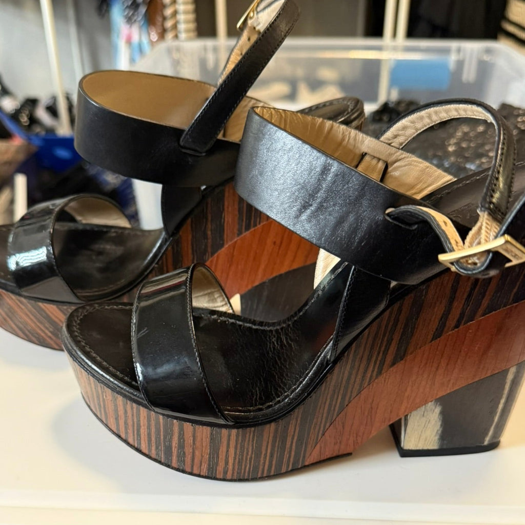 Jimmy Choo Patent Wood Wedge Sandal Size 39