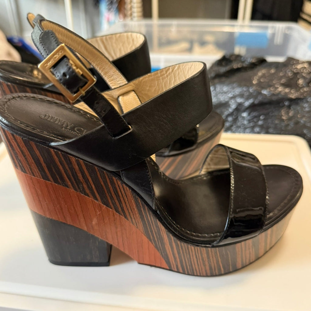 Jimmy Choo Patent Wood Wedge Sandal Size 39