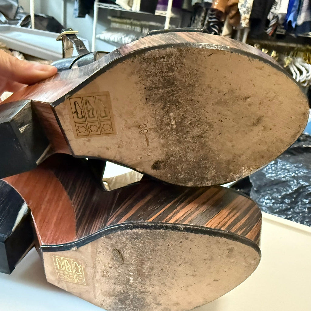 Jimmy Choo Patent Wood Wedge Sandal Size 39