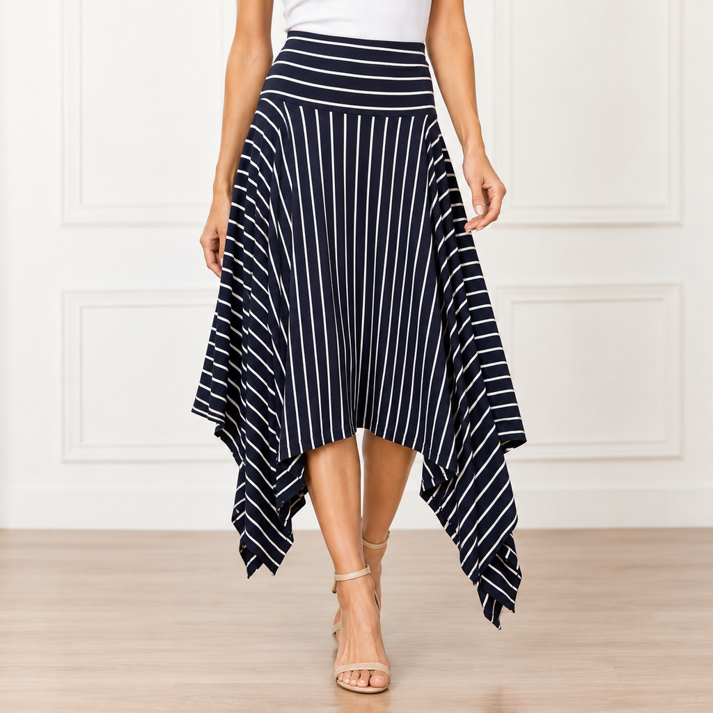 Cabi 5183 Twirl Skirt - Navy & White Striped Asymmetrical Hem Size L