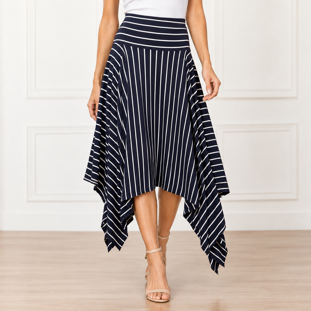 Cabi 5183 Twirl Skirt - Navy & White Striped Asymmetrical Hem Size L