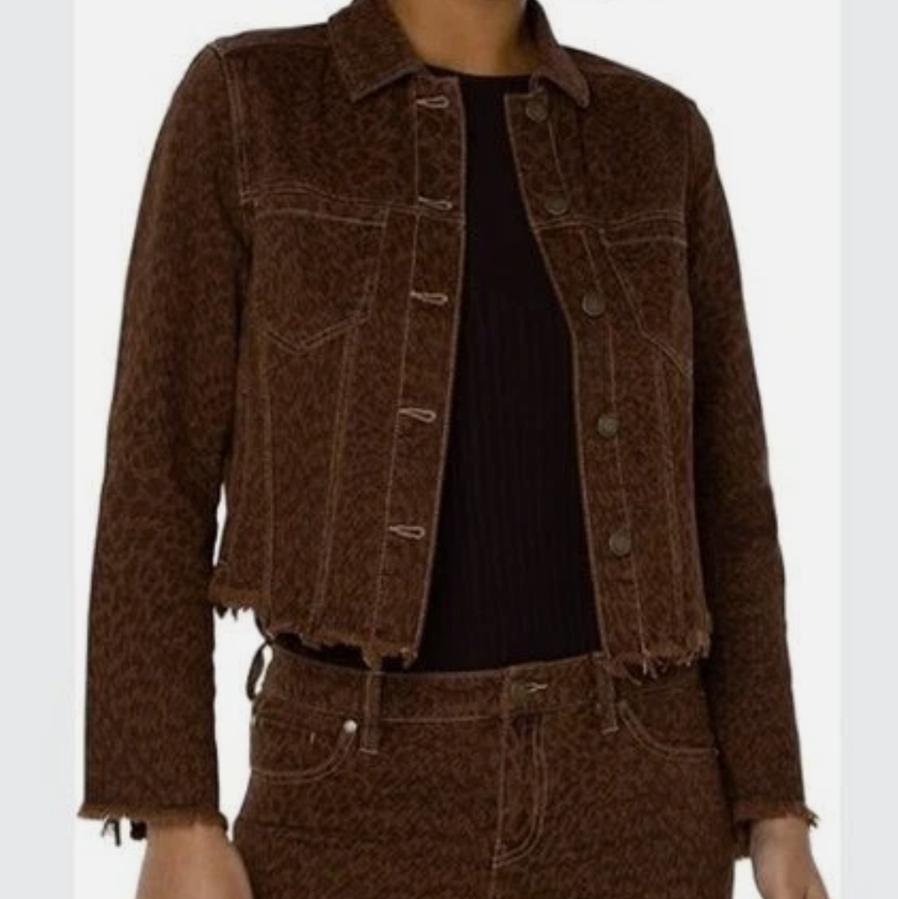 Liverpool Animal Printed Cropped Jacket with Fray Hem Brown Size XL