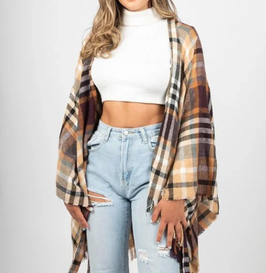 Plaid Ruana with Belted Wrap Fall Camel Brown