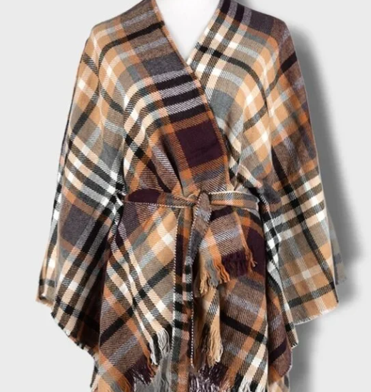 Plaid Ruana with Belted Wrap Fall Camel Brown