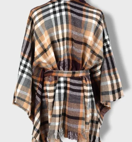 Plaid Ruana with Belted Wrap Fall Camel Brown