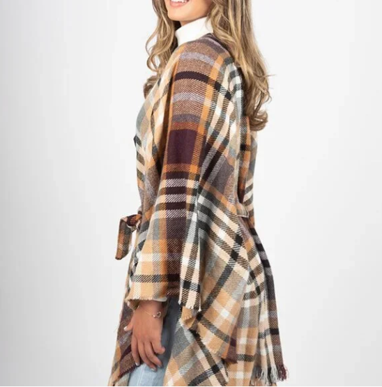 Plaid Ruana with Belted Wrap Fall Camel Brown