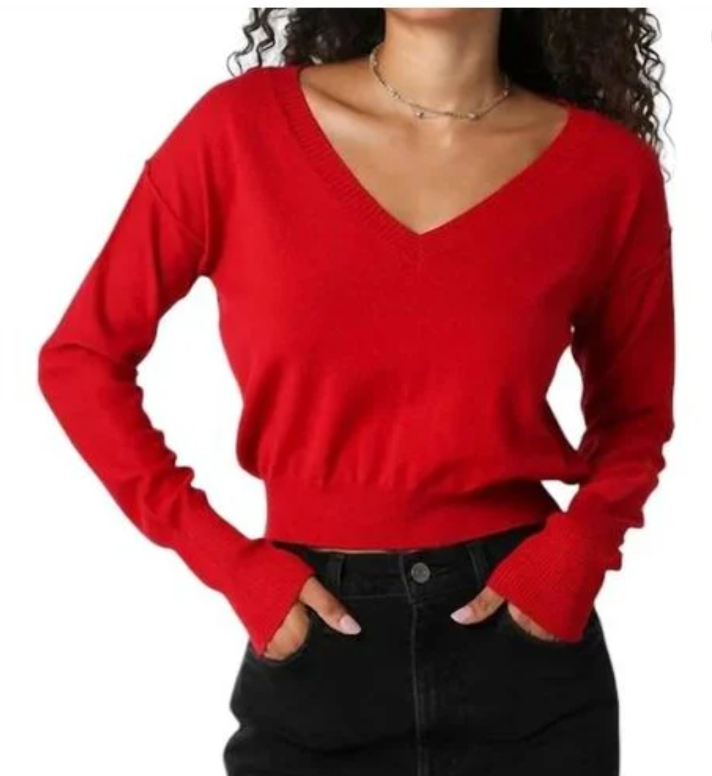 Olivaceous Women's Red Crop Loren V Neck Sweater Size Large