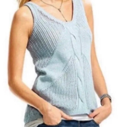 CAbi Sea Spray Light Blue Silk Linen Sweater Tank L