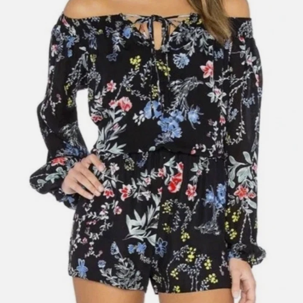 Parker Silk Cloud Black Floral Long Sleeve Romper Size Small