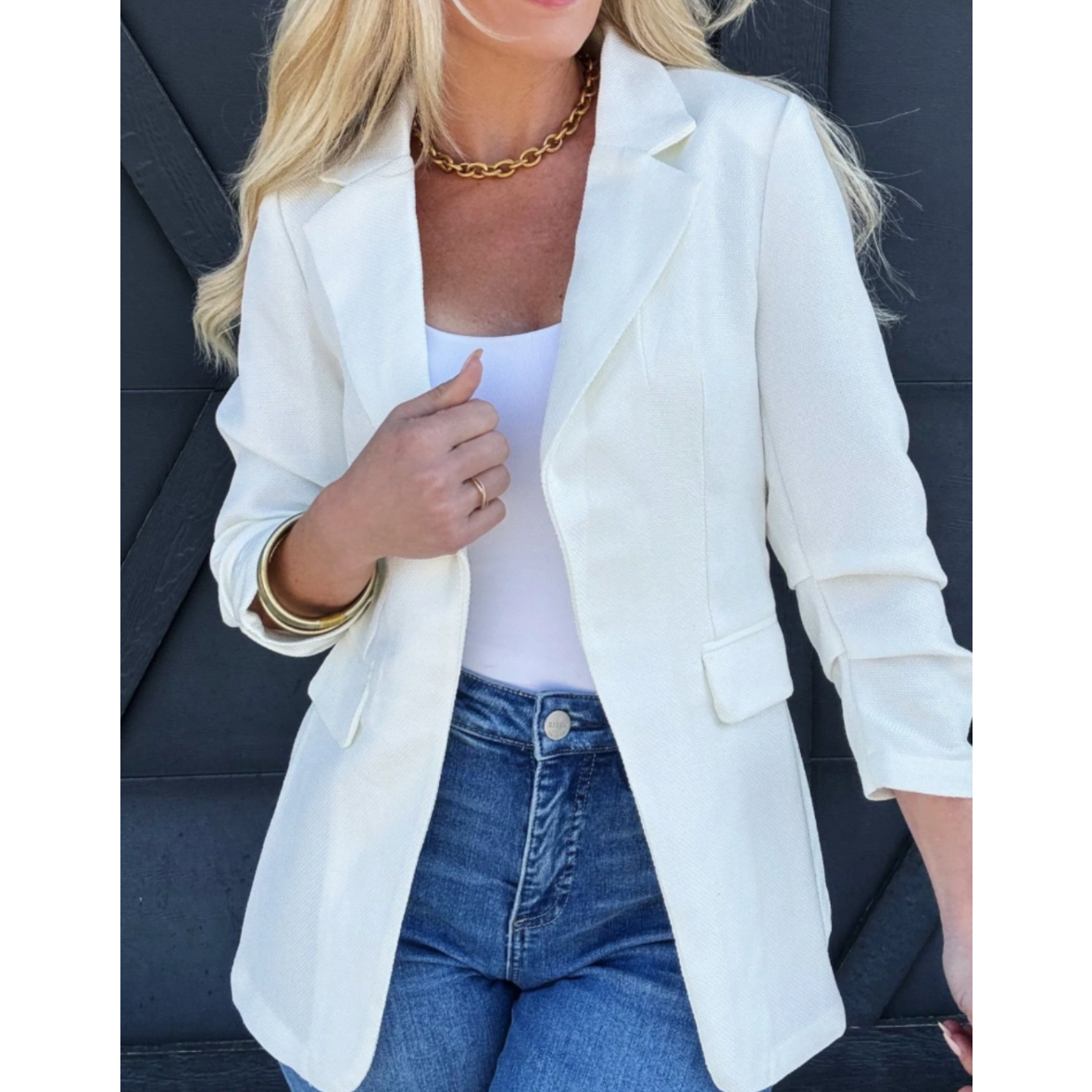 The Workshop Dori Ruched Sleeve White Blazer Size Large
