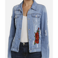 Elan TW Bear Women's Distressed Denim Jean Jacket Floral Patches Size Large