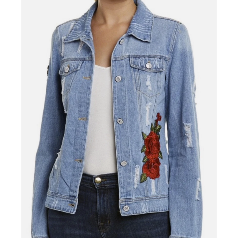 Elan TW Bear Women's Distressed Denim Jean Jacket Floral Patches Size Large