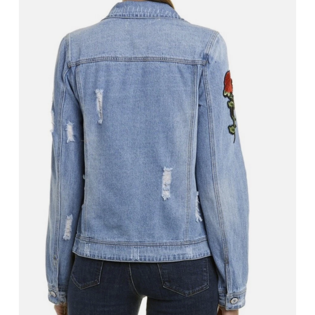 Elan TW Bear Women's Distressed Denim Jean Jacket Floral Patches Size Large