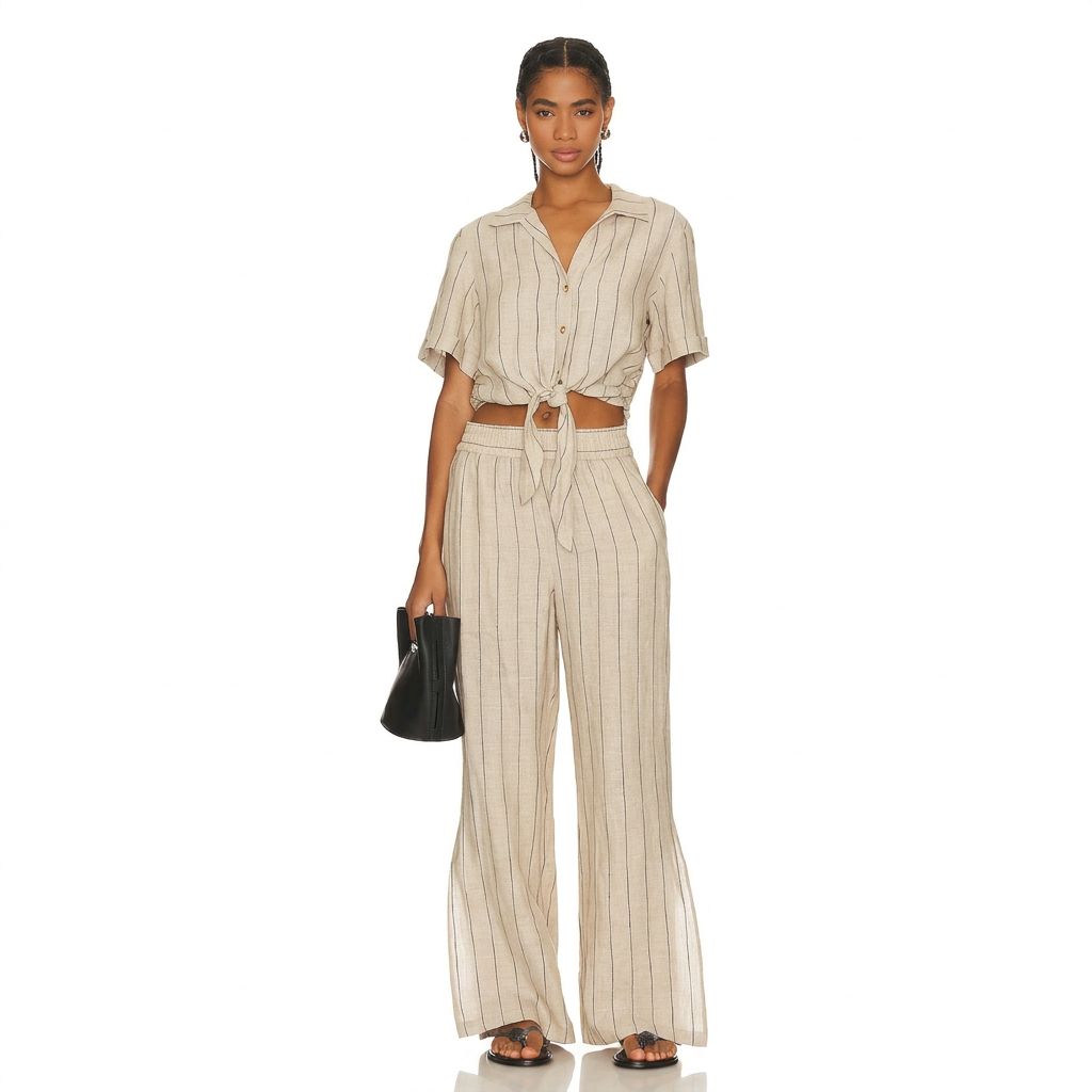 Sanctuary Striped Linen Tie-Front Top Size M & Side Slit Linen Pants Size XS