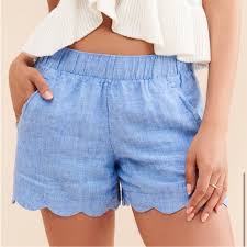 Lilly Pulitzer Brea Linen in Beckon Blue x Sea Salt Scalloped Shorts Size M