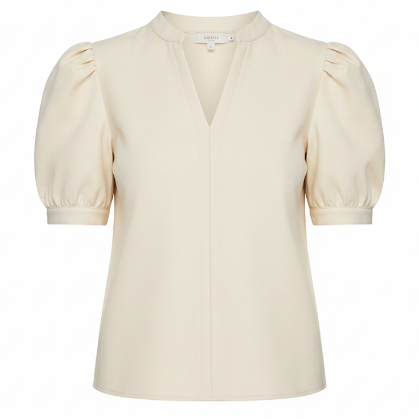 Steve Madden Jane bone cream puff sleeve V-neck top on white background