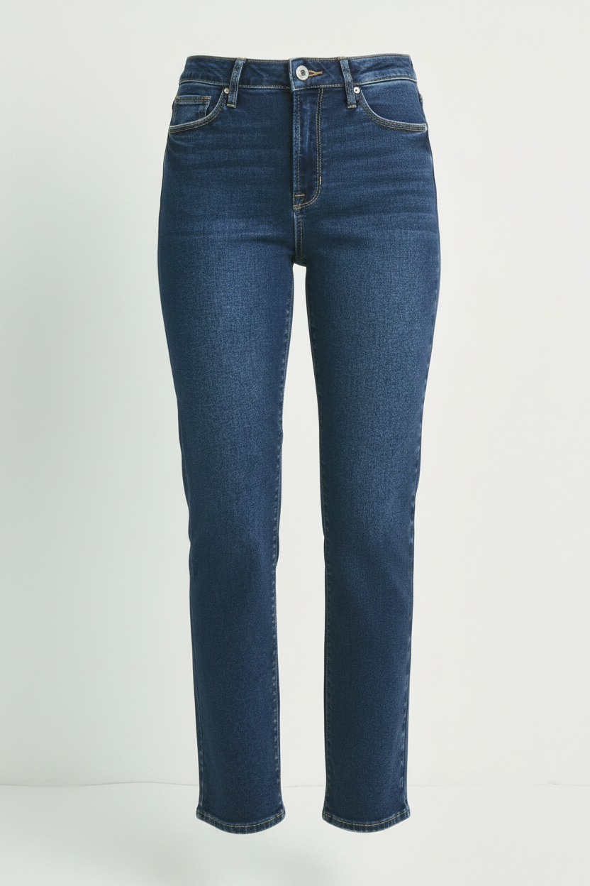 JBD dark wash high-rise straight leg jeans, full length on white background