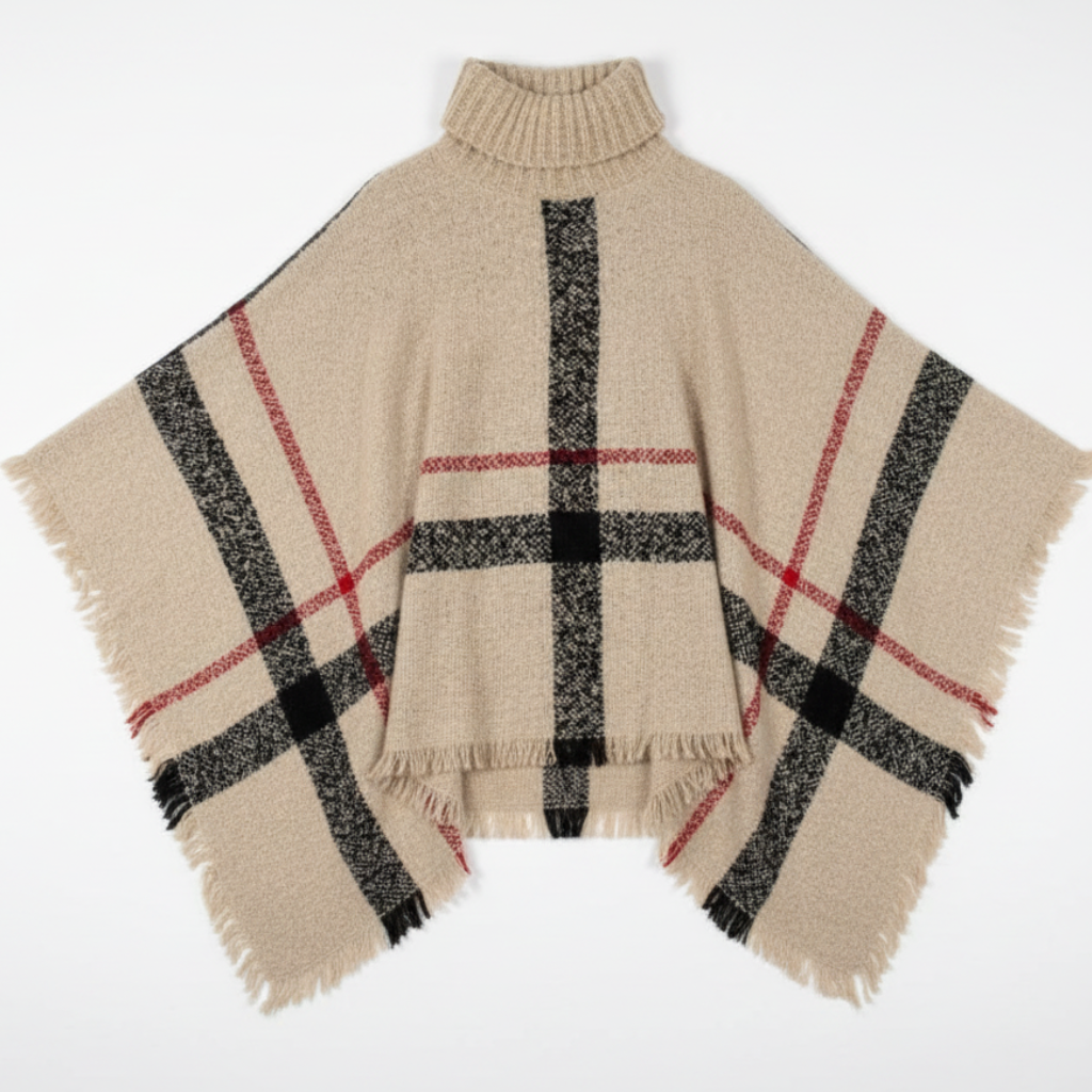 Cream plaid turtleneck poncho sweater with black and red stripes on white background