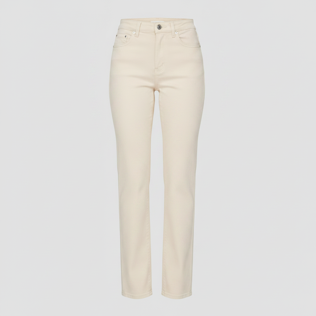 DL 1961 Patti ecru high-rise straight leg jeans on light grey background